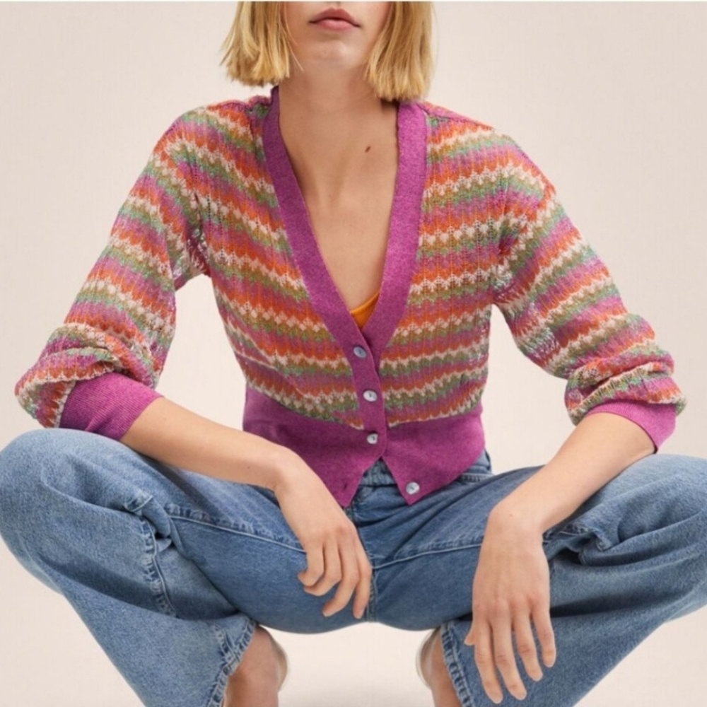 Mango Pink Sheer Multicolored Striped Button Front Cardigan Coquette Girl Dainty
